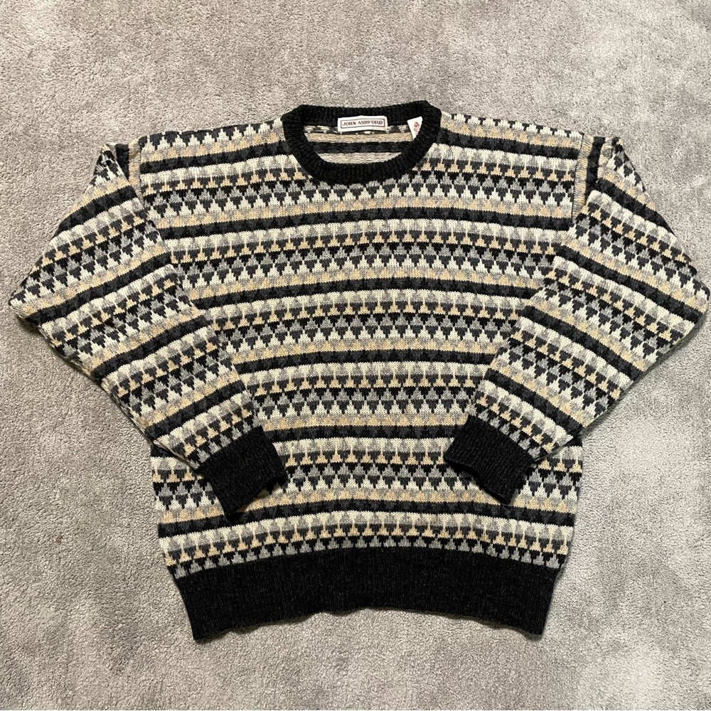 Vintage John Ashford Shetland Wool Sweater Mens XL Multicolor Knit Geometric